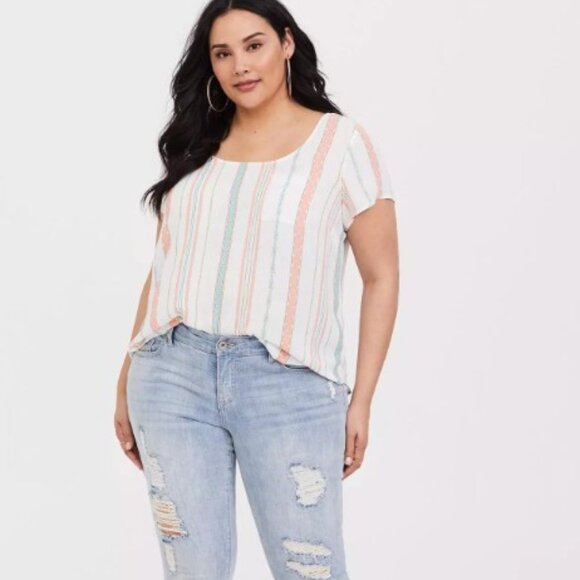 Torrid Size 2 Abbey Georgette Button Back Short Sleeve Blouse Orange Stripes - Picture 2 of 7